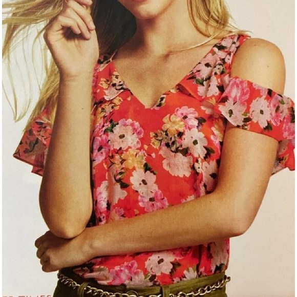 CAbi #5352 Top Blouse Sz Small Orange Floral Lush Cold Shoulder Ruffle V-Neck - Picture 1 of 8
